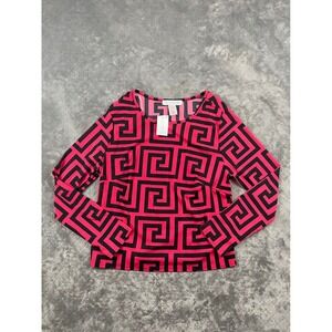 Ashley Stewart Curvy Girl Long Sleeve Geometric Print Top Fuchsia Black 2X